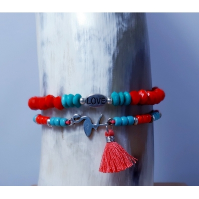 armbanden setje in warm rood en turquoise armbanden setje in warm rood en turquoise